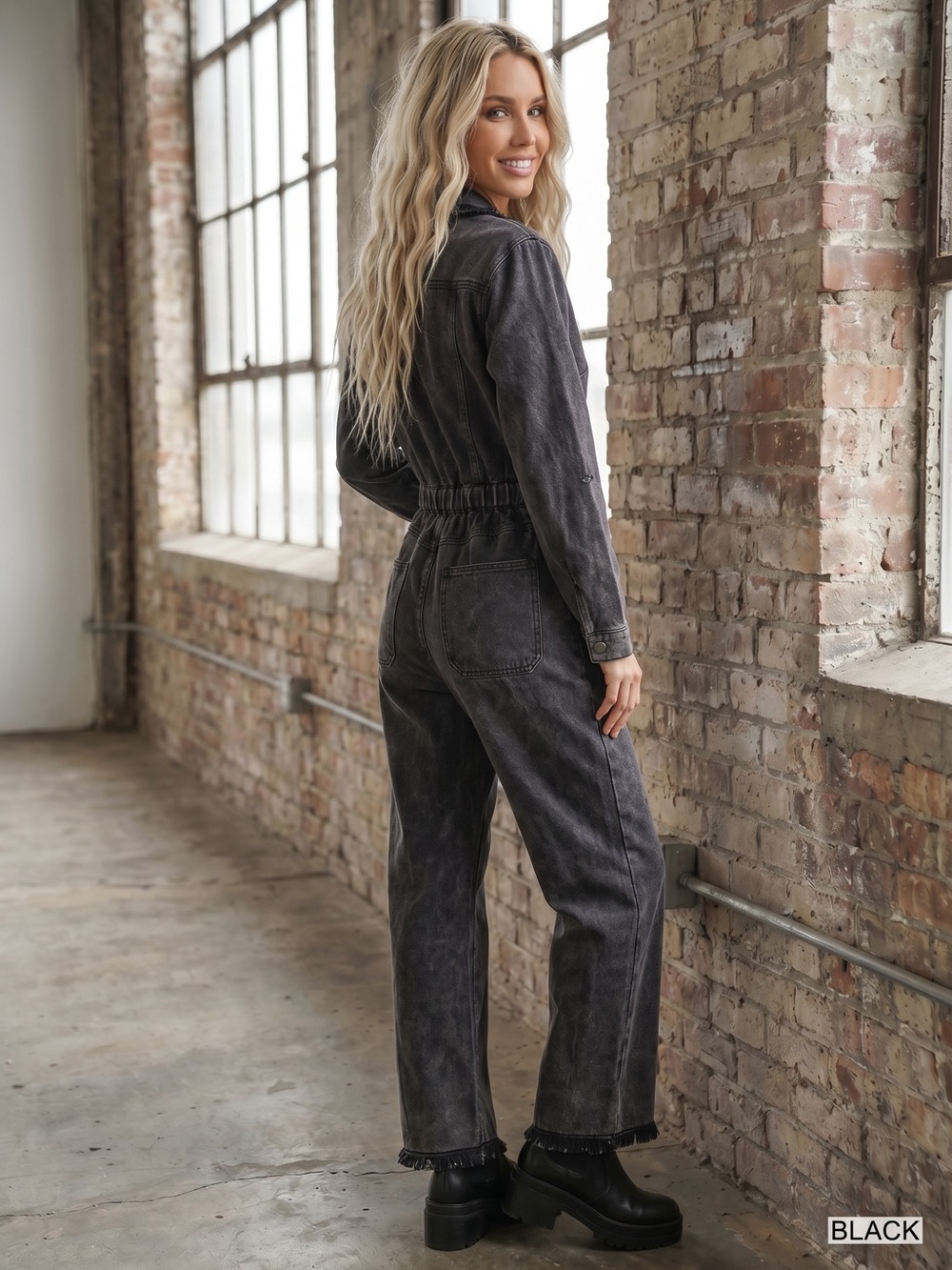 NWT UMGEE Washed Denim Black Frayed Hem Button Down Utility Jumpsuit Coveralls - Picture 6 of 6